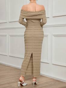 Modelyn 1pc Dames Getextureerde Jacquard Slim Fit Flare Mouw Midi Jurk Lange Avondjurken