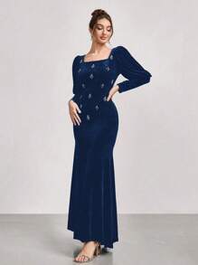 SHEIN Belle Đầm dạ hội đuôi cá dài tay nhung đính đá lấp lánh Giáng sinh màu đen, thời trang mới cho buổi biểu diễn sân khấu/tiệc cưới dáng ôm - Màu xanh hải quân - Xem 5