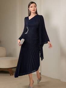 Modelyn 1pc Women's Asymmetrical Neckline Pleated Flare Sleeve Glitter Long Dress Long Evening Dresses