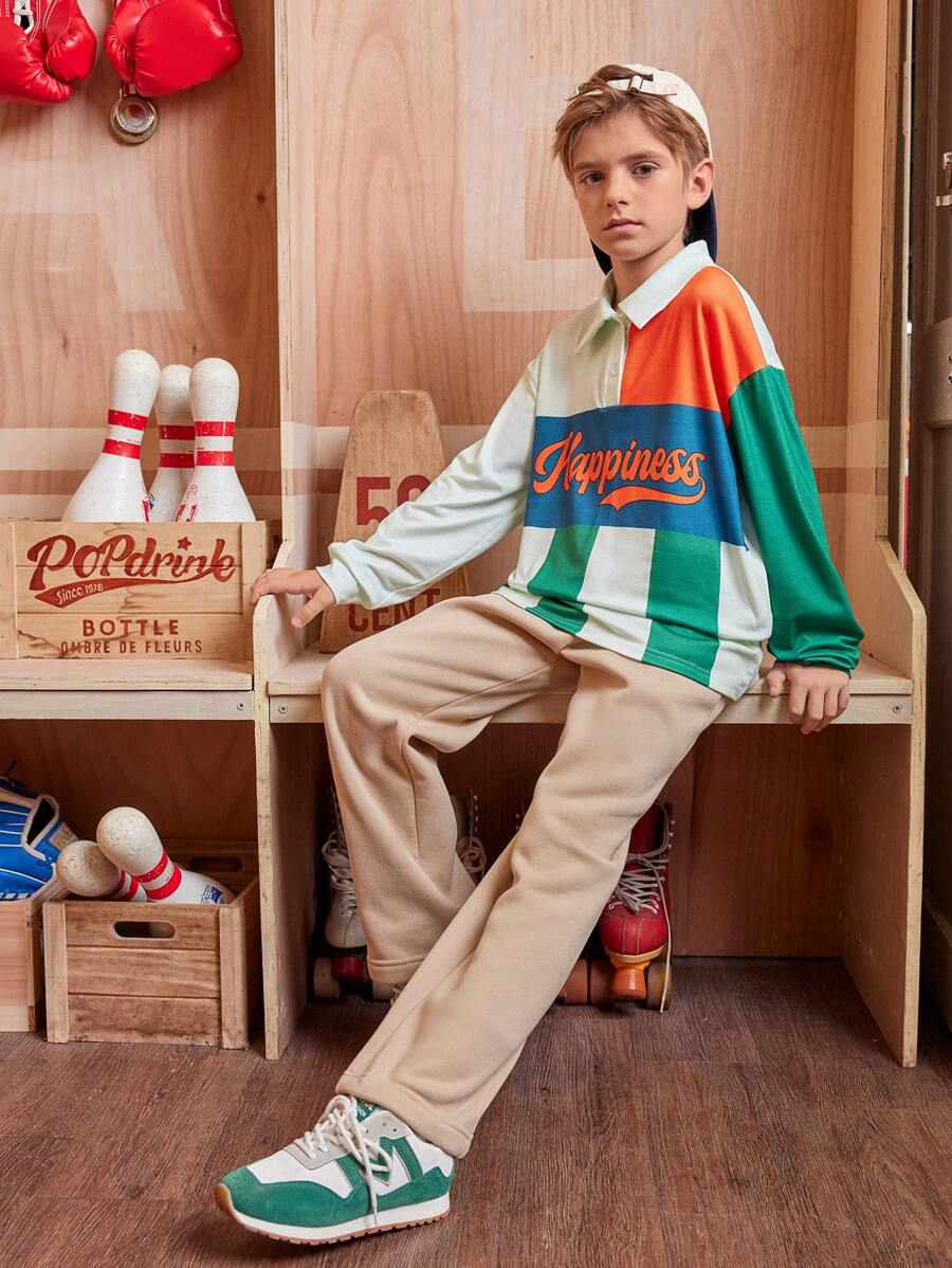 SHEIN Explorewe 2pcs Tween Boys American College Style Casual Contrast Stripe Polo Shirt Long Sleeve & Sweatpants Set, Suitable For Spring, Autumn And Winter - Multicolor - View 1