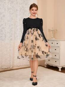 SHEIN Round Neck Puff Sleeve Random Pearl Beaded Butterfly & Mesh Girls Dress