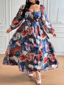 Flirla Plus Size Palace Style Square Neck Romantic Retro Floral Print Lantern Sleeve Fall Dress Clothes - Multicolor - View 3