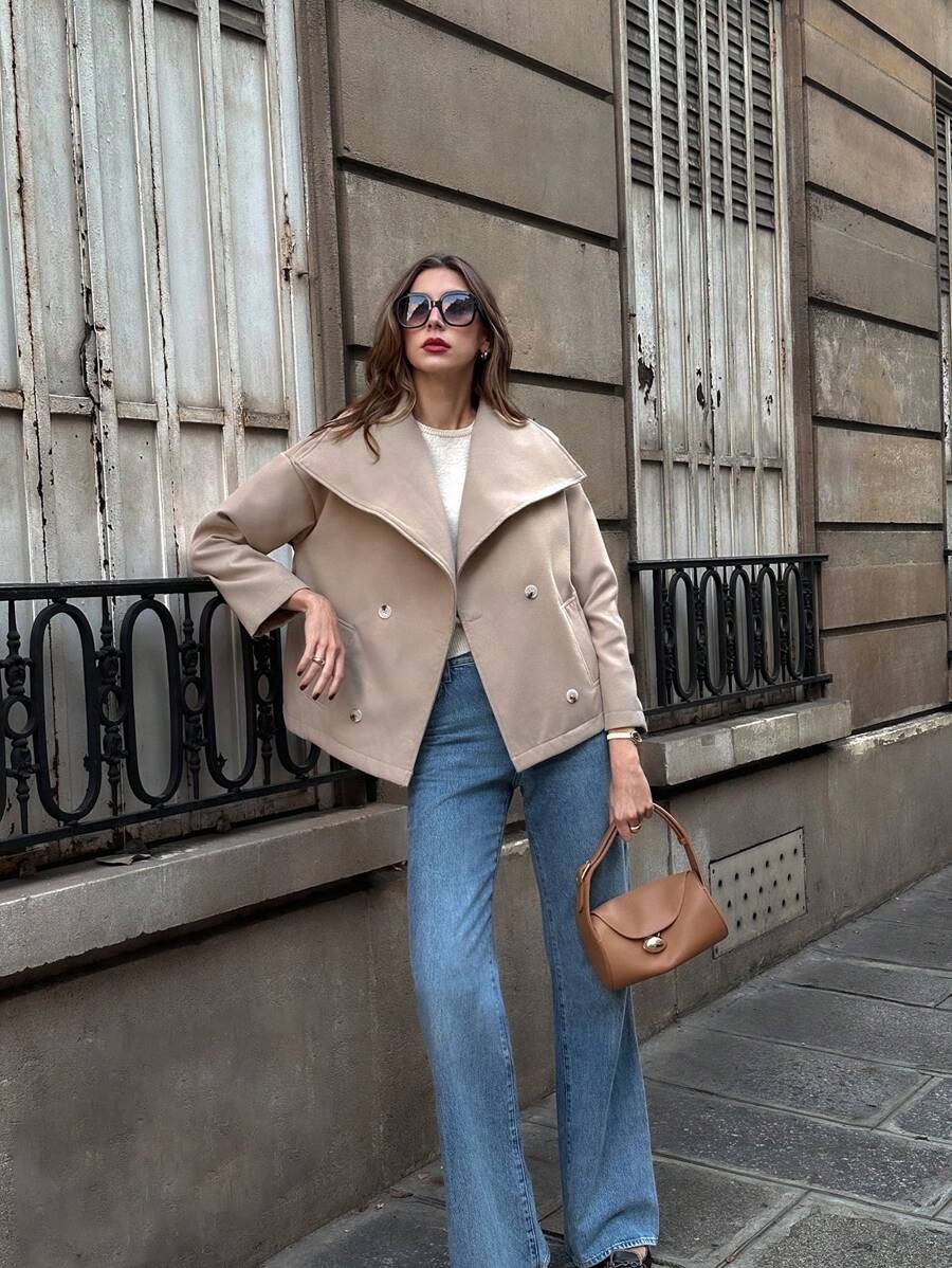 Chiquease Áo khoác ngắn tay dài cổ bẻ cho nữ, mùa thu/đông - Màu Khaki - Xem 1