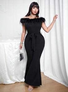 Allurite Plus Size Women's Off Shoulder Fluffy Collar Pocket Tie Waist Minimalist Black Jumpsuit For Dates And Parties