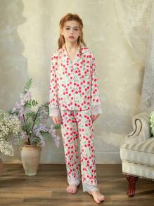 SHEIN 2pcs Tween Girls Elegant Lace Woven Print Long Sleeve Top And Long Pants Comfy Loungewear Set