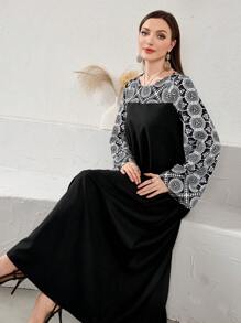 Al Najma 拼布印花优雅圆领连衣裙