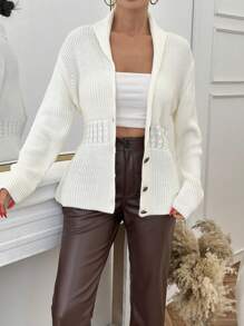 RueChic Woman Cable Knit Detailed Button Front Elegant Cardigan - White - View 4
