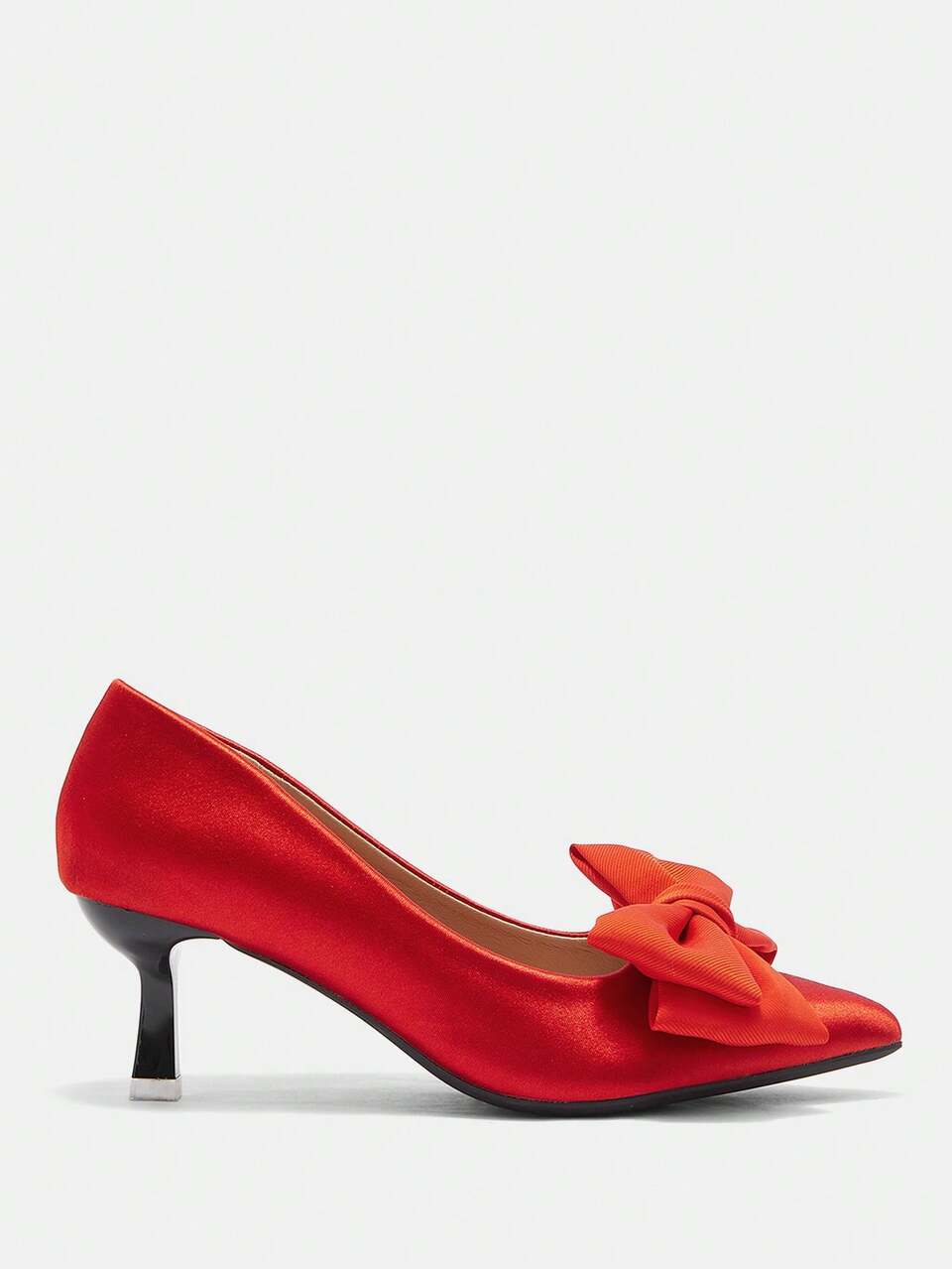 CUCCOO CURVES Women Plus Size Wide Fit Red Satin Bow Pointy Toe Kitten Heel Elegant Sweet Pumps For Work & Formal Occasions