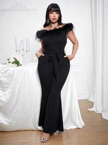 Allurite Plus Size Women's Off Shoulder Fluffy Collar Pocket Tie Waist Minimalist Black Jumpsuit For Dates And Parties