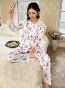 Pijama de manga larga con estampado de conejo y flores para mujer, romántico para otoño/invierno