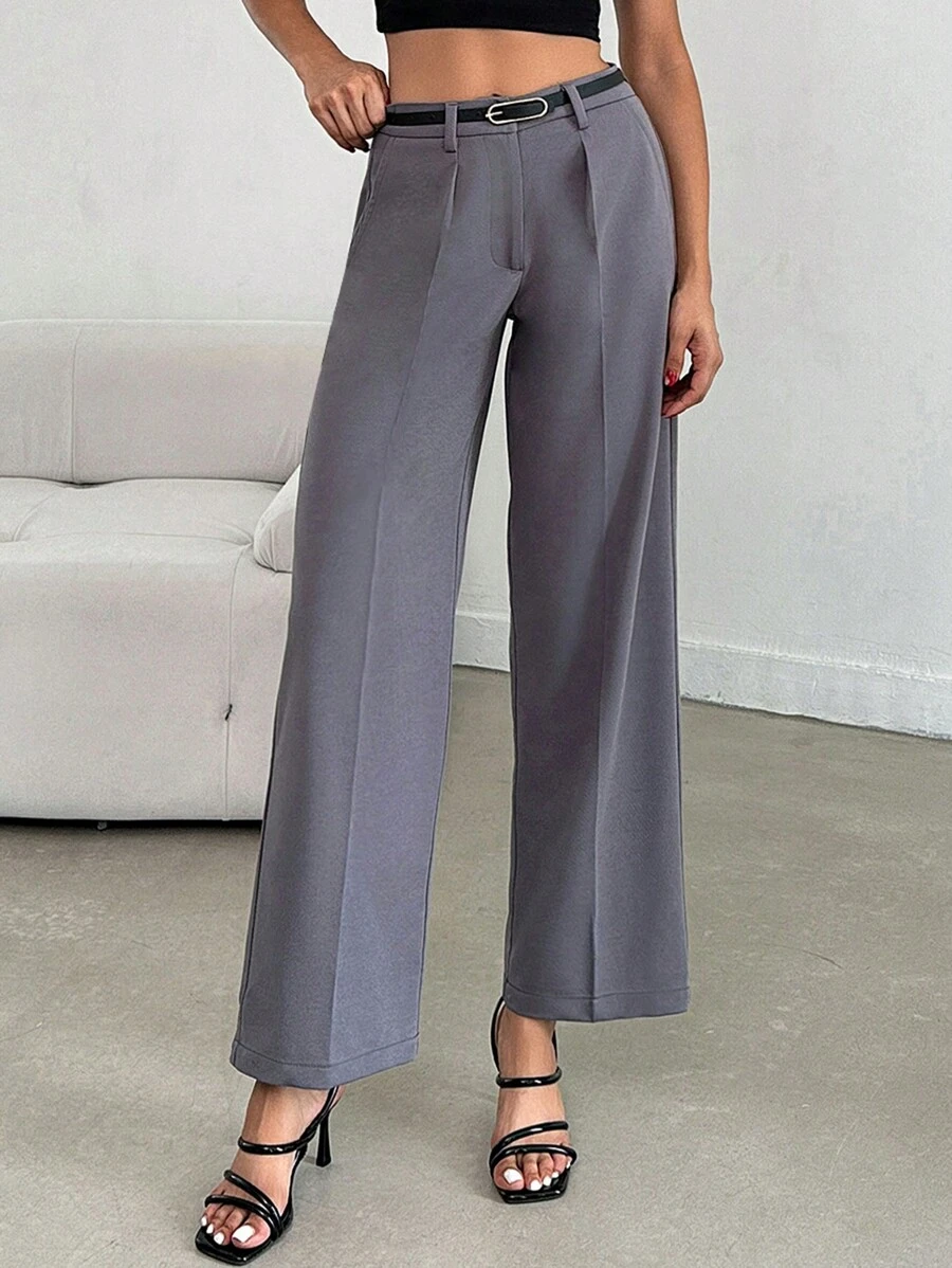 SHEIN Women's Casual Commuting Solid Mid Rise Belted Pants - Dark Grey - View 1