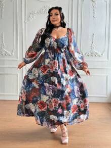 Flirla Plus Size Palace Style Square Neck Romantic Retro Floral Print Lantern Sleeve Fall Dress Clothes - Multicolor - View 8