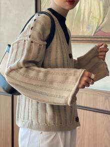 INAWLY Women Casual Drop Shoulder Loose Cardigan, Solid Color, Autumn/Winter - Apricot - View 3