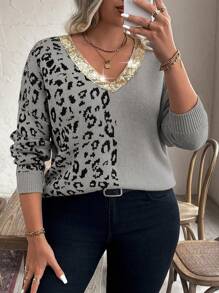 Calvaya Plus Size Leopard Pattern Contrast Sequin V-Neck Casual Long Sleeve Pullover Sweater, For Winter Knit Pullover Fall - Grey - View 6