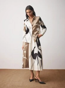 BizChic Floral Asymmetrical Geometric Print Long Sleeve Satin Blouse, Women Office Wear Clothes For Spring & Summer