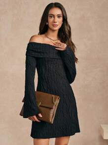 SHEIN Unity Women Casual Off-Shoulder Textured Knit Mini Dress, Autumn Fall Cloth For Women - Black - View 5