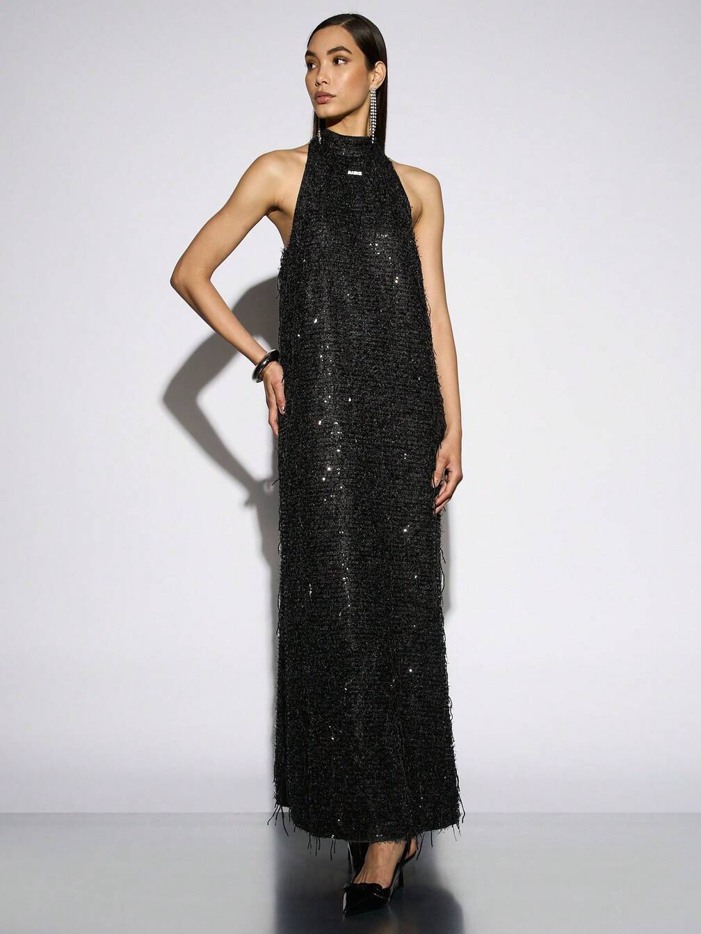 halter embellished maxi dress Halter Pearl Embellished Maxi Velvet Dress Brown