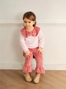 2pcs Baby Girls Cute Bowknot Collar Long Sleeve Top + Flared Pants Set, Autumn/Winter - Pink - View 1