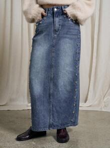 AiiRZ Chân váy Maxi Denim đính đinh tán xẻ sau lưng - Màu xanh lam - Xem 1