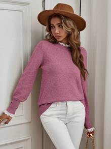 SHEIN Clasi 1pc Women Elegant Floral Ruffle Trim Crew Neck Long Sleeve Sweater, Autumn/Winter - Dusty Pink - View 3