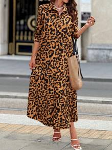 SHEIN LUNE Random Leopard Print Women Long Sleeve Single Button Down Long Shirt Dress, Autumn