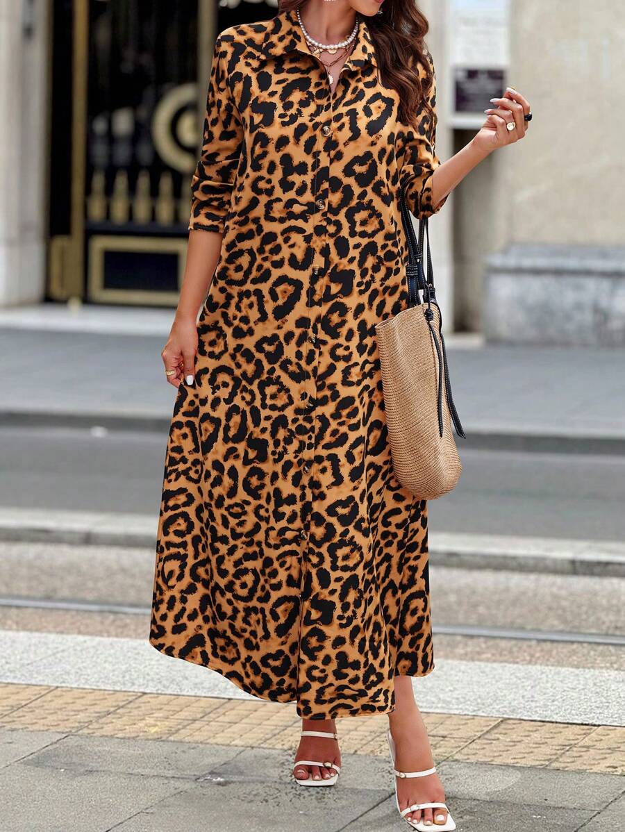 SHEIN LUNE Random Leopard Print Women Long Sleeve Single Button Down Long Shirt Dress, Autumn