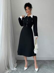 SHEIN PETITE 1pc Women Elegant Color Block Long Sleeve Button Front Midi Dress