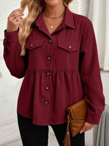 SHEIN LUNE Women's Autumn/Winter Shirt Collar Waffle Ruched Hem For New Year Clothes - Red - View 4