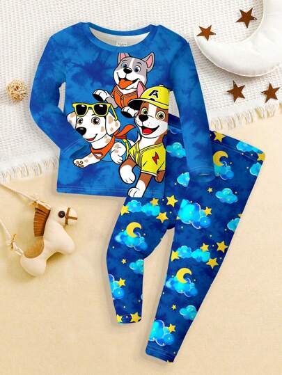 Conjunto de pijama de manga larga de cuello redondo, cómodo y ajustado, con estampado minimalista de luna y perro, adecuado para niño bebé en otoño e invierno