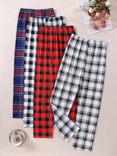 SHEIN 4st/set Pojkar Flerfärgad pläd Casual Bekväm normal passform Raka benbyxor Loungebyxor