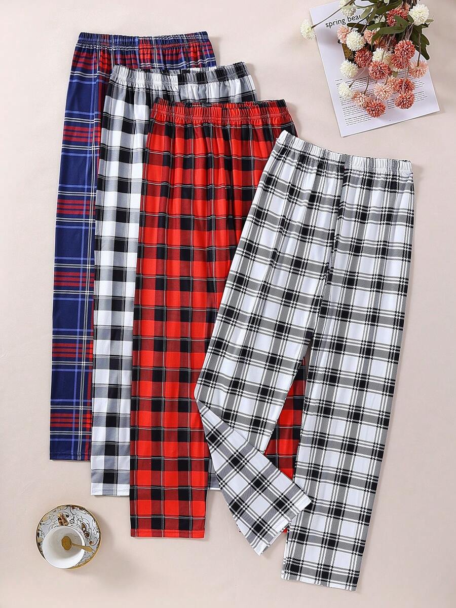 SHEIN 4pcs/Set Boys Multi-Color Plaid Casual Comfortable Regular Fit Straight Leg Pants Lounge Pants - Multicolor - View 1