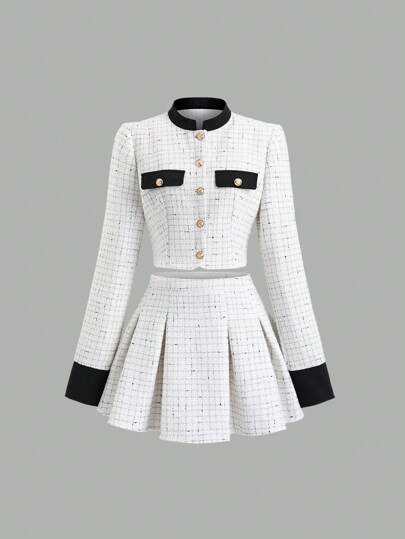 Sweetra Set de 2 piezas Traje regular para mujer con top de manga larga en contraste de color tweed y falda plisada, para primavera/otoño/invierno