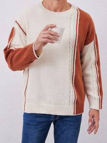 Pull en tricot à col rond décontracté, bicolore, pour l'automne/hiver