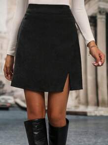 EMERY ROSE Casual Minimalist Solid Color Split Hem Skirt For Autumn/Winter