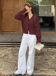 DAZY Cardigan Casual Feminino com Decoração de Laço, Outono - Fúcsia - Visão 2