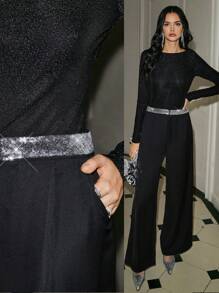 Poéselle 女士优雅通勤直筒裤，亮片拼接 - 黑色 - 查看 1