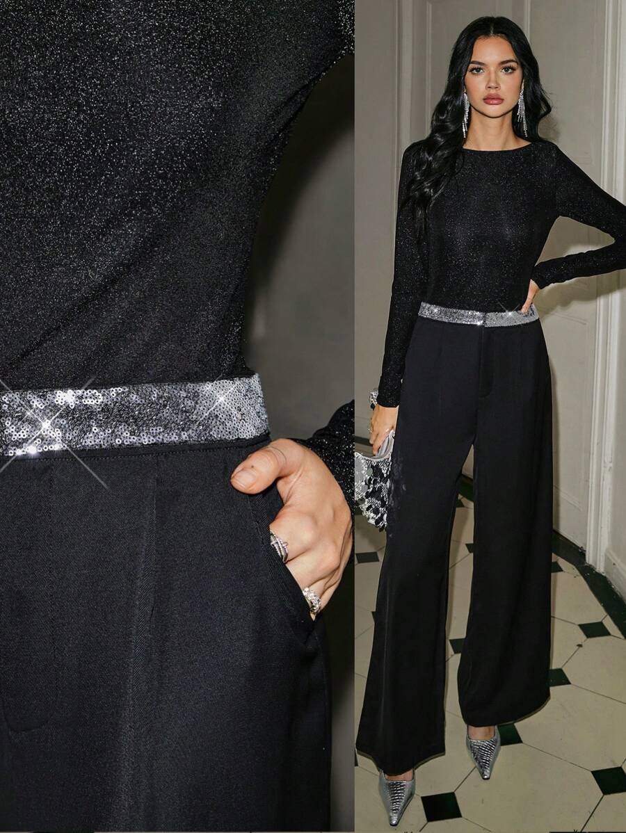 Poéselle 女士优雅通勤直筒裤，亮片拼接 - 黑色 - 查看 1