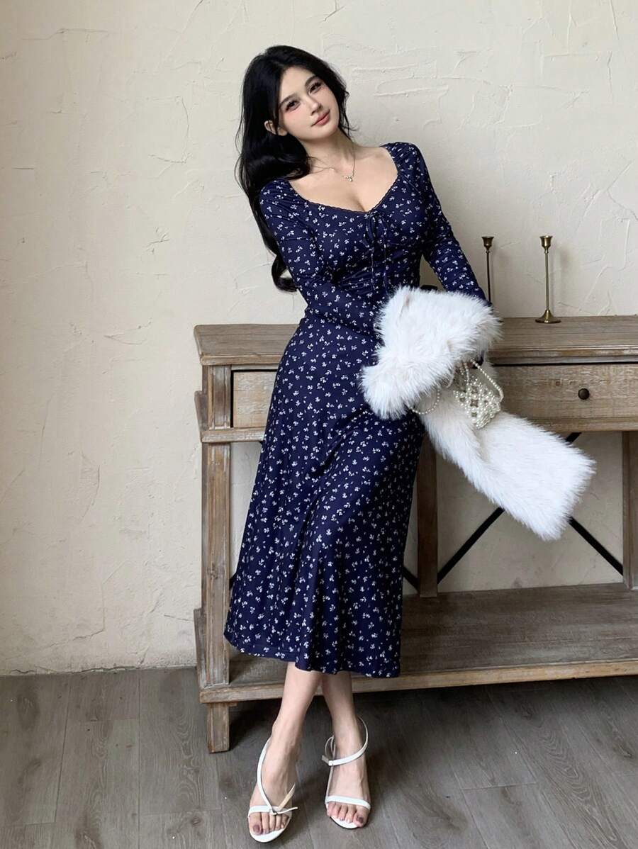 DAZY Ditsy Floral V-Neck Fitted Midi Dress For Women,Milkmaid Dress,Back To School Clothes,Fall Dress Long Sleeve Dress - Navy Blue - View 1