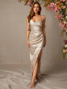 L'Amorae Champagne Cowl Neck Metallic Floral Detail With Flower Shoulder String Slim Maxi Party Dress - Pink - View 4