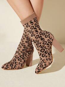 CUCCOO BASICS Women's Pointy Toe Chunky Heel Leopard Print Slip-On Elastic Knit Sock Boots, Mid-Calf Short Boots Spring Shoes Spring Break Easter
