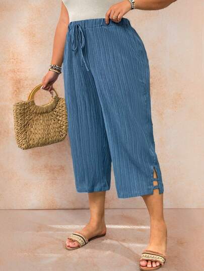 EMERY ROSE Pantalones casuales capri de talla grande para mujer, de unicolor, con cintura anudada y bolsillos