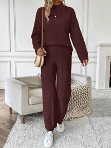 SHEIN LUNE 2pcs/Set Solid Color Stand Collar Long Sleeve Top And Pants Casual Sweater Set - Coffee Brown - View 5