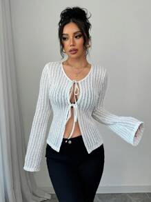 Calvaya Camiseta de manga larga, elegante, de ajuste slim, en unicolor con lazo estilo francés para mujer