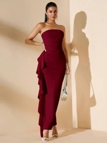 SHEIN BAE Women Summer Wedding Bridesmaid Sleeveless Strapless Sexy Ruched Split Ruffled High Slit Wrap Dress, White,Valentine's Day,Valentine Outfits For Women - Burgundy - View 7