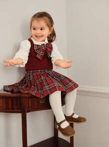 SHEIN 3 件套女婴时尚可爱春秋校园风格套装 - 针织背心、衬衫和百褶裙，韩国时尚 - 紅色 - 查看 4