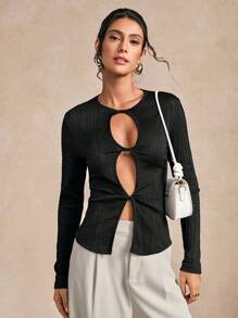 Chiquease Suéter de punto elegante y casual de unicolor con diseño hueco y manga larga sexy para mujer - Negro - Ver 1