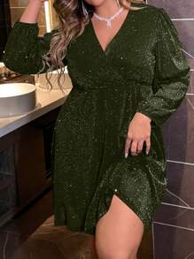 Allurite Plus Size V-Neck Crisscross Wrap Elegant Long Sleeve Dress
