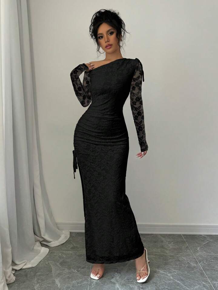 Rafferiza Women Asymmetric Neckline Long Sleeve Lace Splice