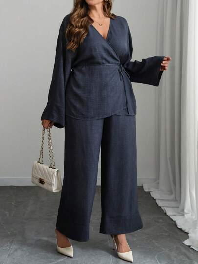 Elenzga Plussize dam franska casual wrap kors och tvärs tie långärmad skjorta + raka ben med hög midja byxor, vår/höst/vinter