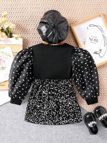 2pcs/Set Young Girl Polka Dot Long Sleeve Top And Glitter Skirt Set - Black - View 2